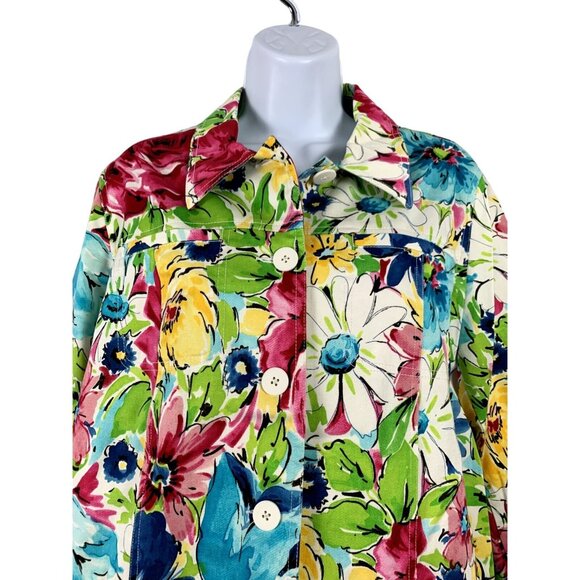 Vibrant Floral Print Womens Button-Up Jacket Size Large - Picture 2 of 11